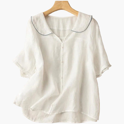Damen Veganes Leinenbluse im Vintage-Stil mit Bubikragen – Luftige Freizeitbluse für Alltag & Büro