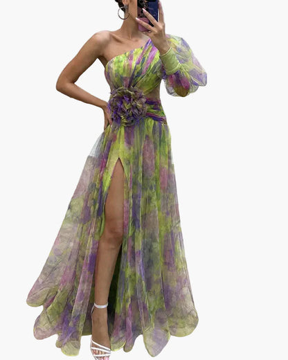 Damen Abendkleid mit One-Shoulder-Design und Blumenapplikation – Elegantes Maxikleid für besondere Anlässe