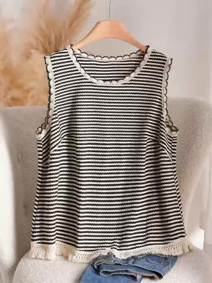 Damen Strick-Top im Boho-Stil mit Streifen und Fransen – Lässig & Sommerlich