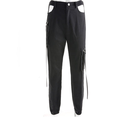 Lucy – Schwarze Damen-Cargohose mit hohem Bund und Patchwork