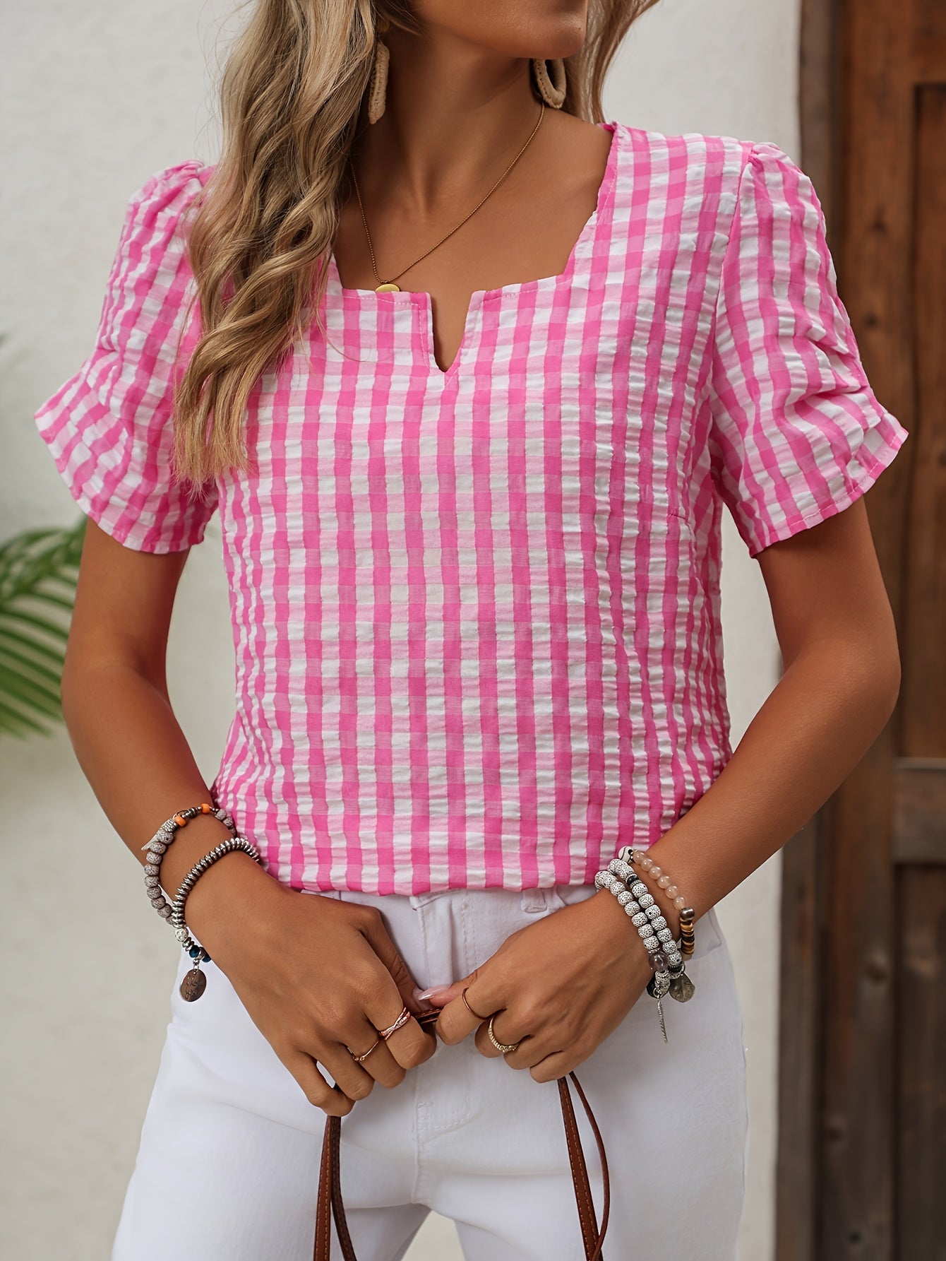 Damen Sommer Bluse im Karomuster – Eleganter Freizeitstil für Alltag und Urlaub