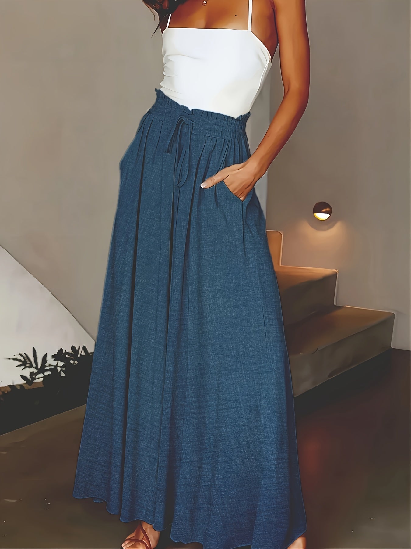 Damen Elegante Maxirock mit Hoher Taille und Bindegürtel – Weit Geschnitten, Perfekt für Alltag & Urlaub