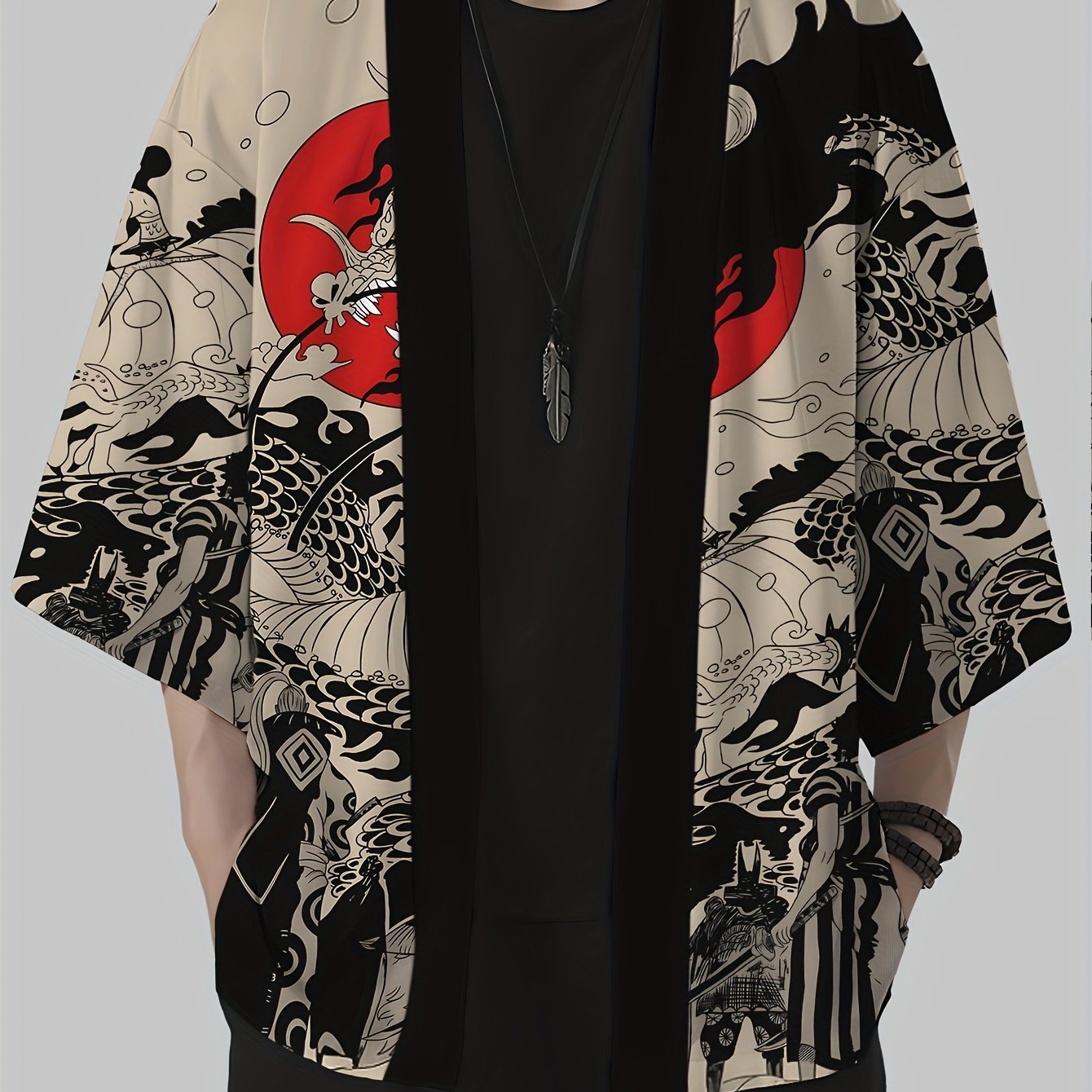 Herren Kimono Cardigan mit Drachen- und Samurai-Motiv – Japanischer Streetwear-Stil