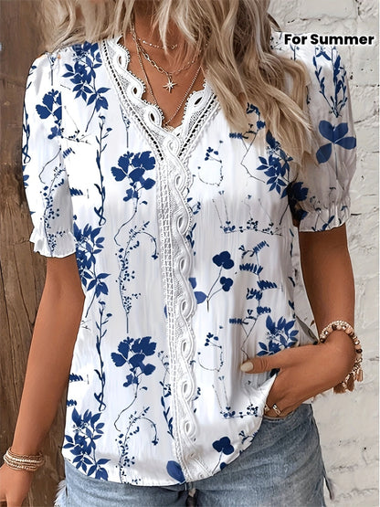 Damen Bluse mit Spitze und Blumenmuster – Modisch für Freizeit & Alltag