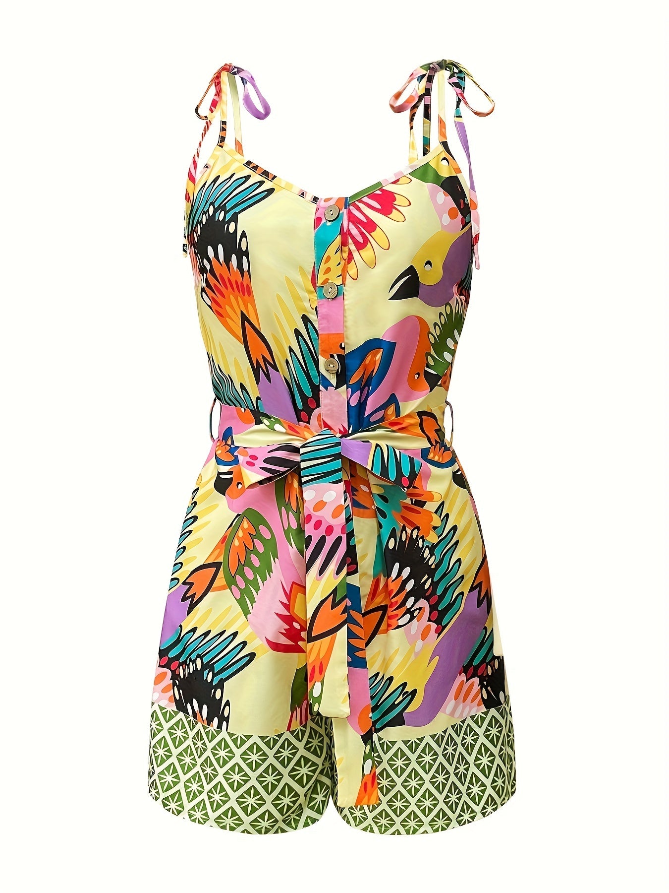 Damen Sommer Jumpsuit mit Gürtel – Eleganter Einteiler mit buntem Vogel-Print für Freizeit und Urlaub