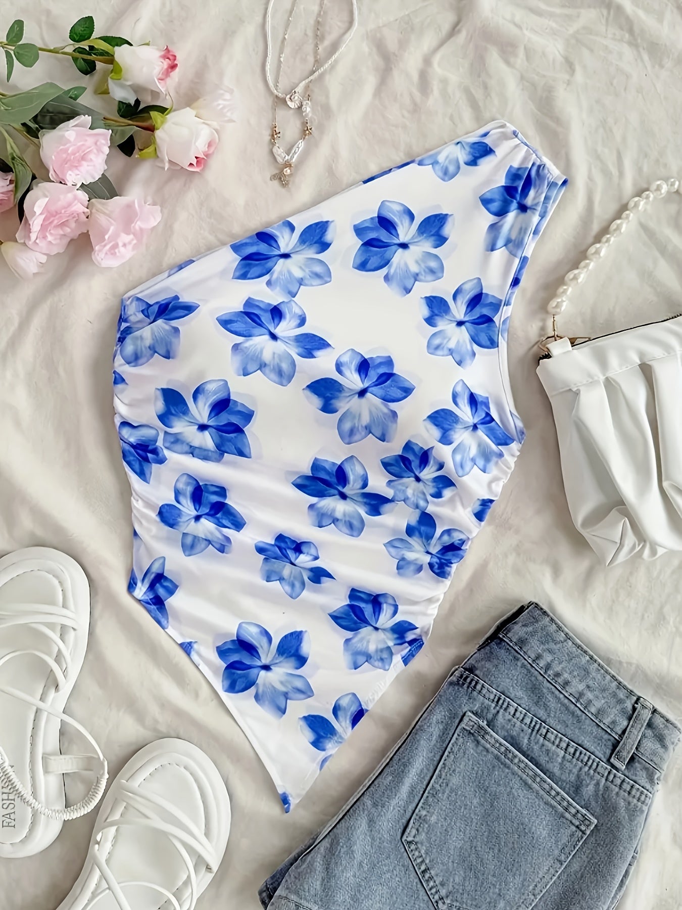 Damen Ein-Schulter Body mit Blumenmuster – Eleganter Sommer-Style für Alltag & Urlaub