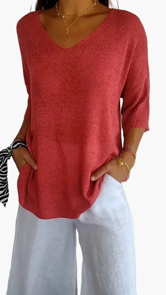 Damen Stricktop mit V-Ausschnitt – Lässiges, bequemes Oberteil für Alltag und Freizeit