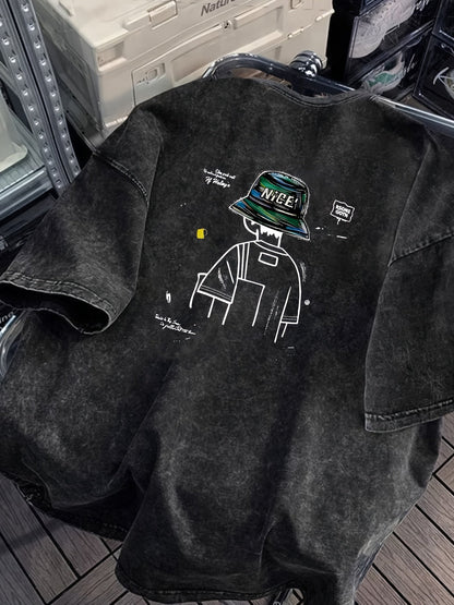 Herren Streetwear Oversize T-Shirt mit Grafik Bucket Hat Print – Urban Art Style