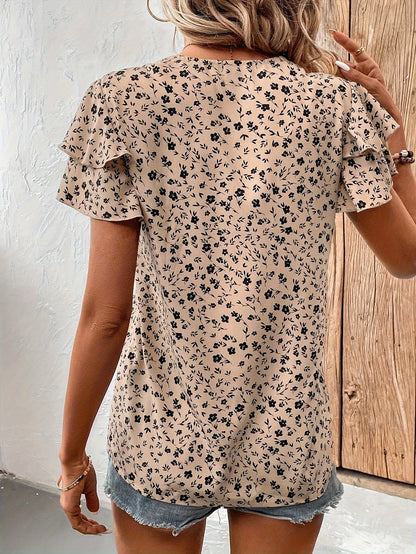 Damen Bluse mit V-Ausschnitt und Rüschenärmeln – Eleganter Sommer-Look für Alltag und Freizeit