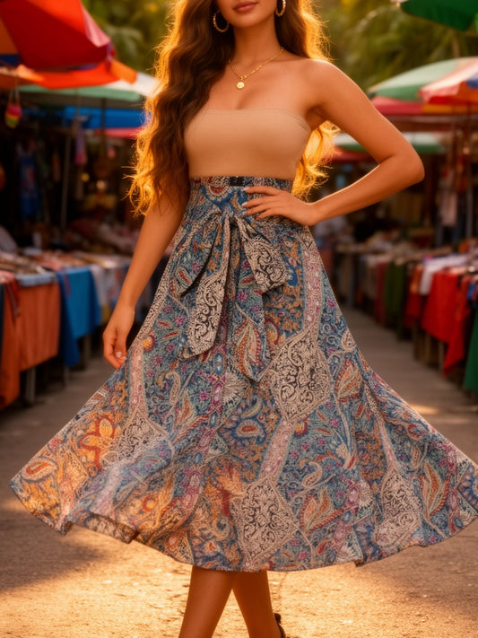 Damen Sommer Midikleid Elegant mit Paisley-Muster und Schleife – Perfekt für Freizeit & Urlaub