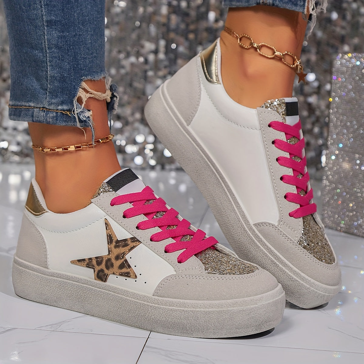 Damen Sneaker mit Glitzerstern und Plateau – Modische Freizeitschuhe für Alltag und Party