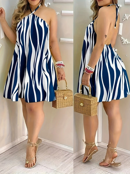 Damen Mini Kleid mit abstraktem Muster und offenem Rücken – Modisches Strand- und Freizeitkleid