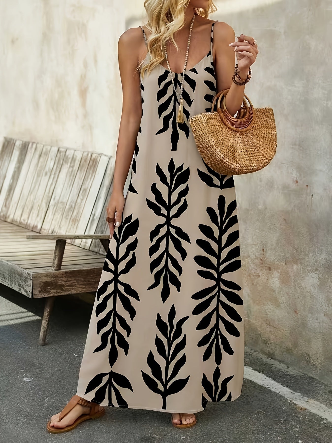Damen Maxikleid mit botanischem Print und Boho-Stil – Lässiges Sommerkleid für Freizeit und Urlaub