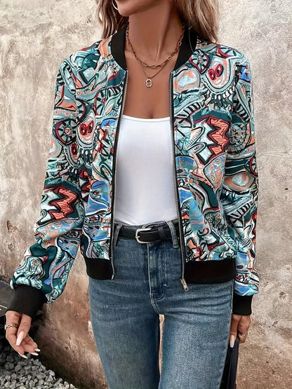 Damen Bomberjacke mit künstlerischem Print – Stilvolle Übergangsjacke für Freizeit & Alltag