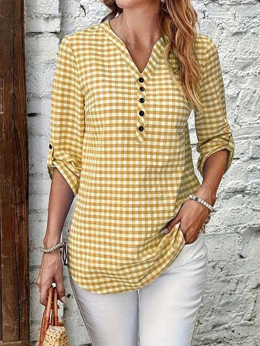 Damen Casual Karo Bluse mit Knopfleiste und 3/4-Ärmeln – Perfekt für Alltag & Freizeit