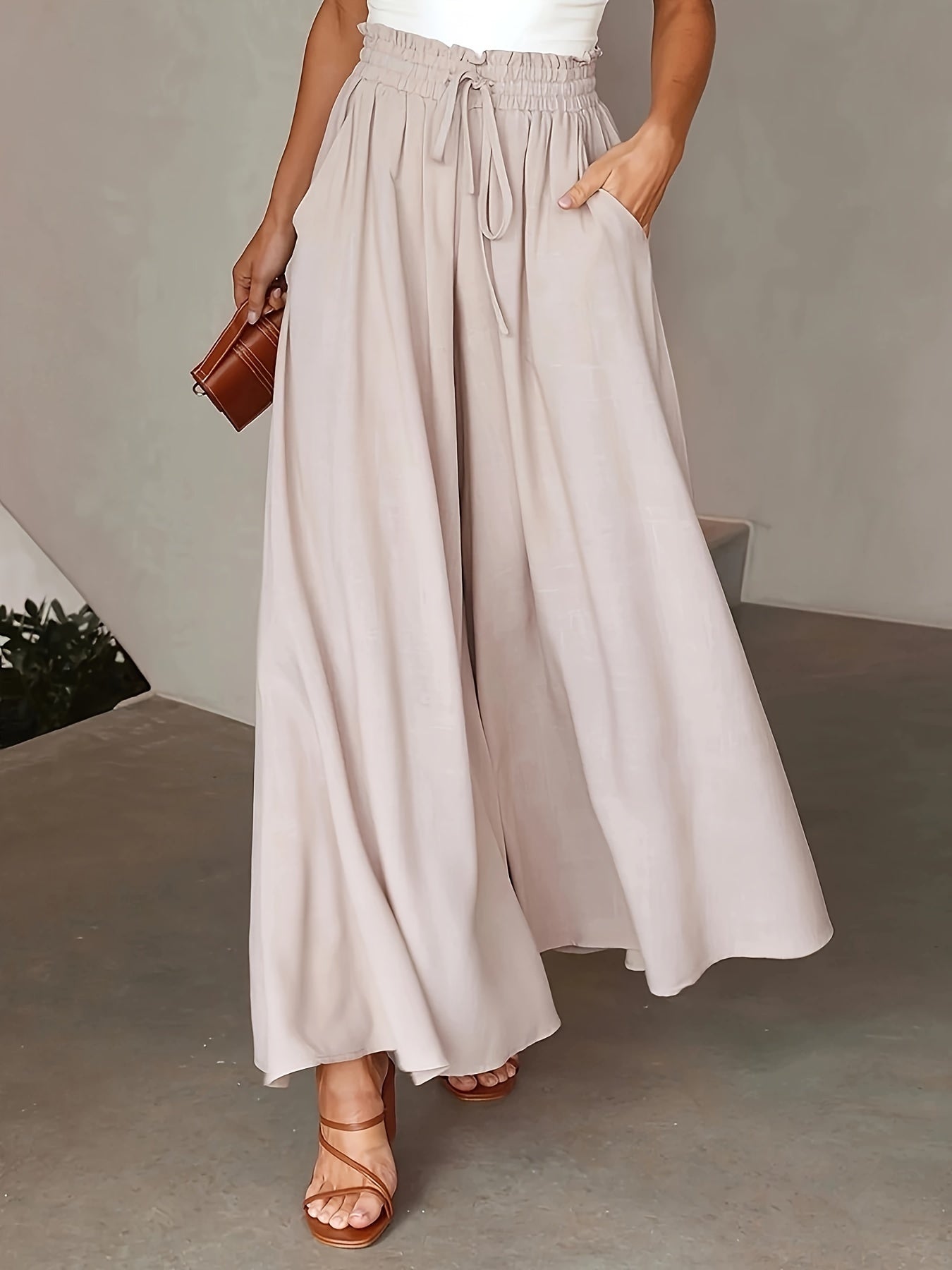 Damen Elegante Weite High Waist Palazzo Hose mit Taschen – Perfekt für Alltag und Büro