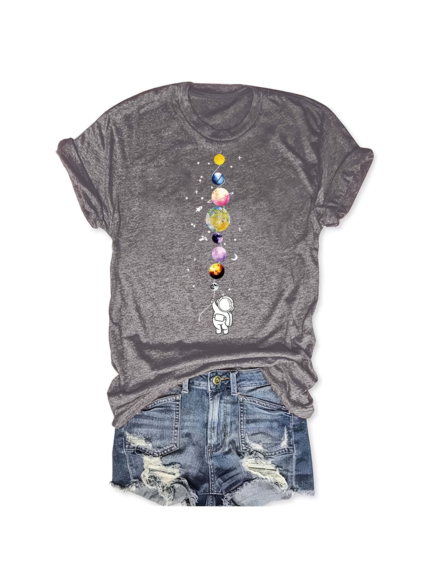 Damen T-Shirt mit Astronaut und Planeten – Casual Space Style für Alltag und Freizeit
