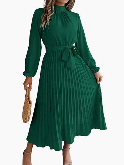 Damen Plisseekleid mit langen Ärmeln und Bindegürtel – Elegantes Midikleid für festliche Anlässe