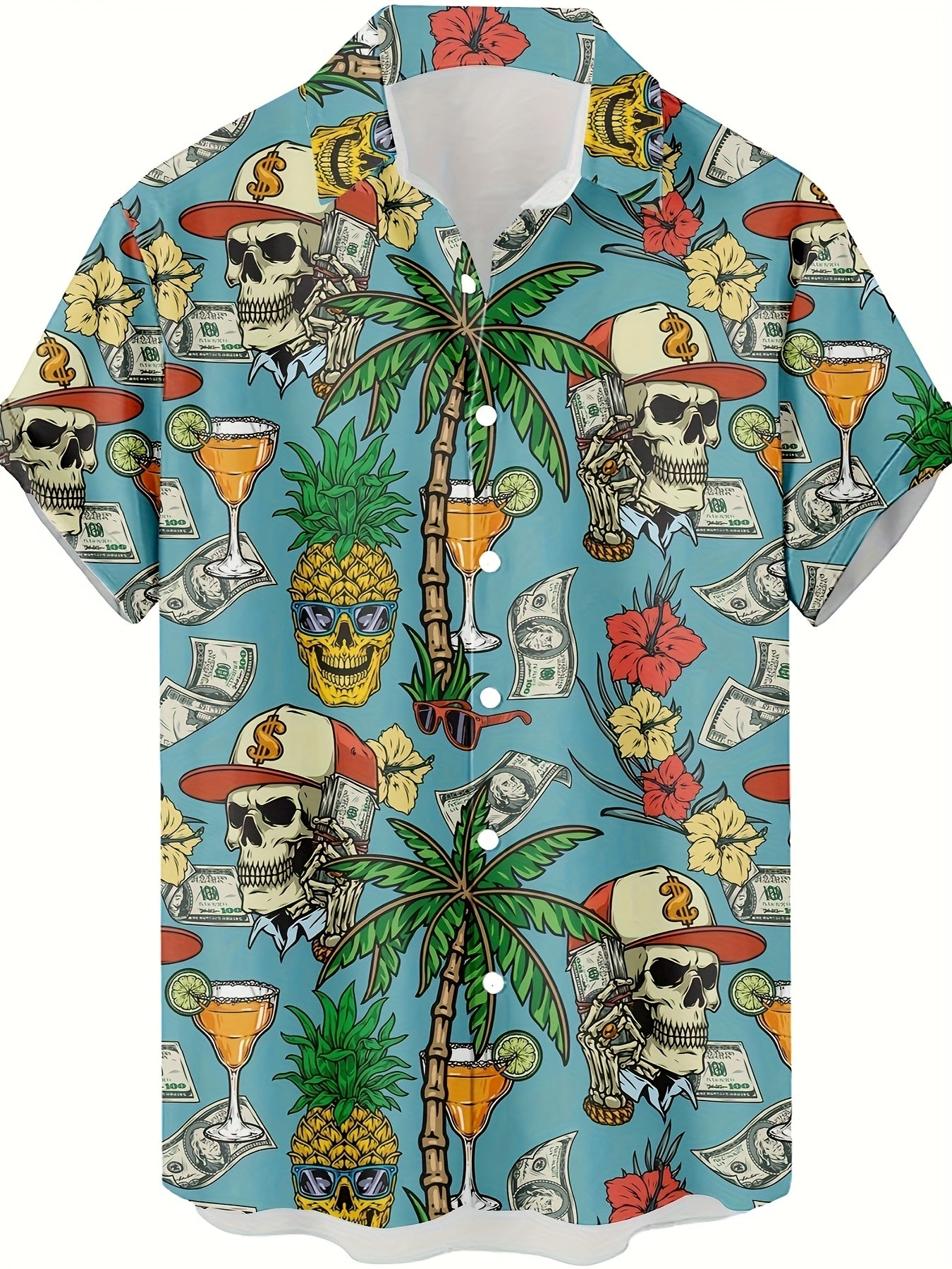 Herren Hawaiian Hemd mit Totenkopf und Sommermuster – Kurzarm, Party & Freizeit