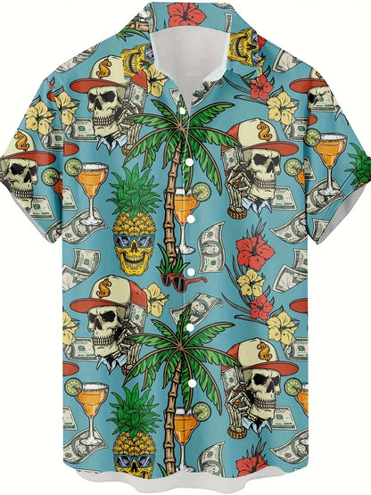 Herren Hawaiian Hemd mit Totenkopf und Sommermuster – Kurzarm, Party & Freizeit