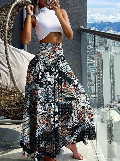 Damen Maxirock Boho-Stil mit tropischem Muster – Perfekt für Sommer, Urlaub & Freizeit