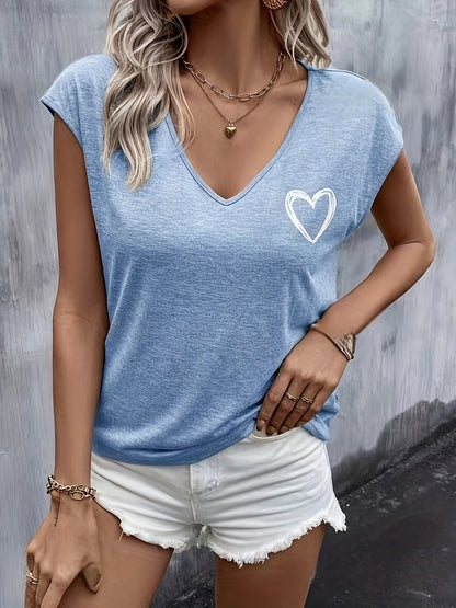Damen T-Shirt mit Herz-Print und V-Ausschnitt – Lässiger Sommerstil für Freizeit und Alltag