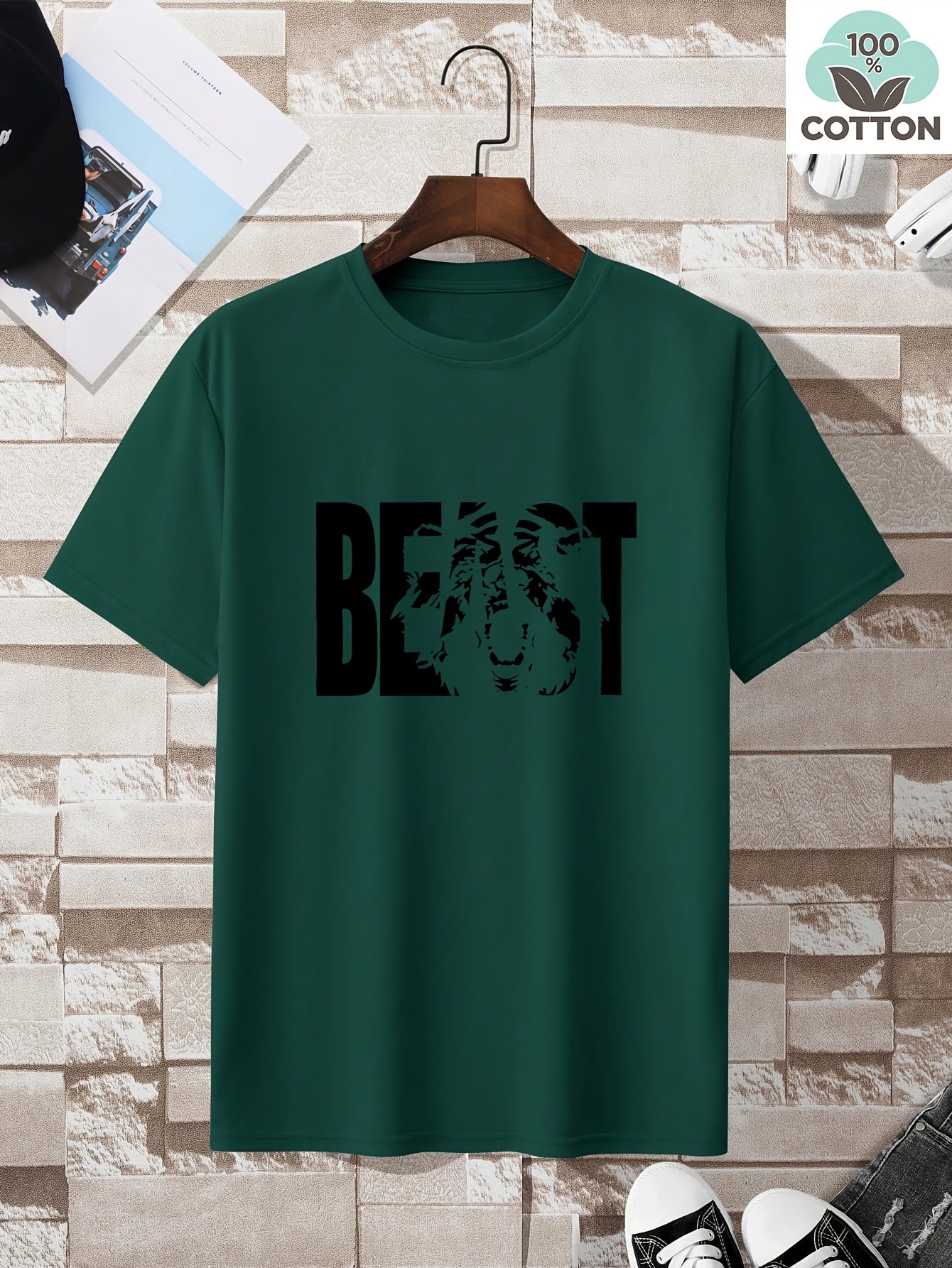 Herren T-Shirt im Oversize-Stil mit „BEAST“-Print und Löwenmotiv – Urban Streetwear für Selbstbewusste