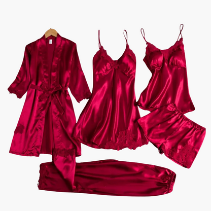 Damen Luxus Nachtwäsche Set – 5-teiliges Satin Schlafanzug Set mit Kimono, Nachthemd, Top, Shorts und Hose – Eleganter Stil für Zuhause und besondere Anlässe
