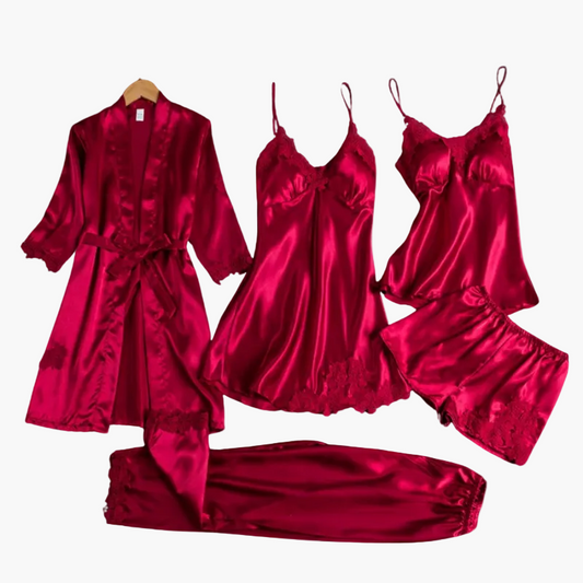 Damen Luxus Nachtwäsche Set – 5-teiliges Satin Schlafanzug Set mit Kimono, Nachthemd, Top, Shorts und Hose – Eleganter Stil für Zuhause und besondere Anlässe