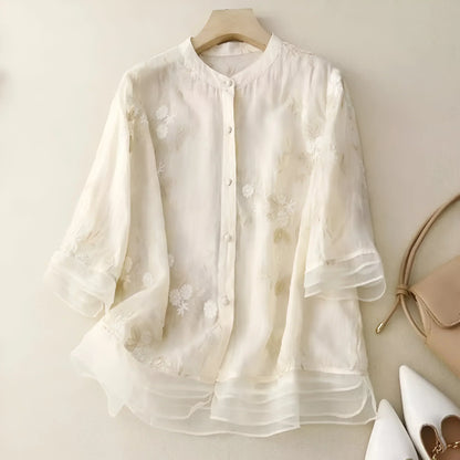 Damen Bluse mit floraler Stickerei und lockerem Schnitt – Elegante Freizeitmode