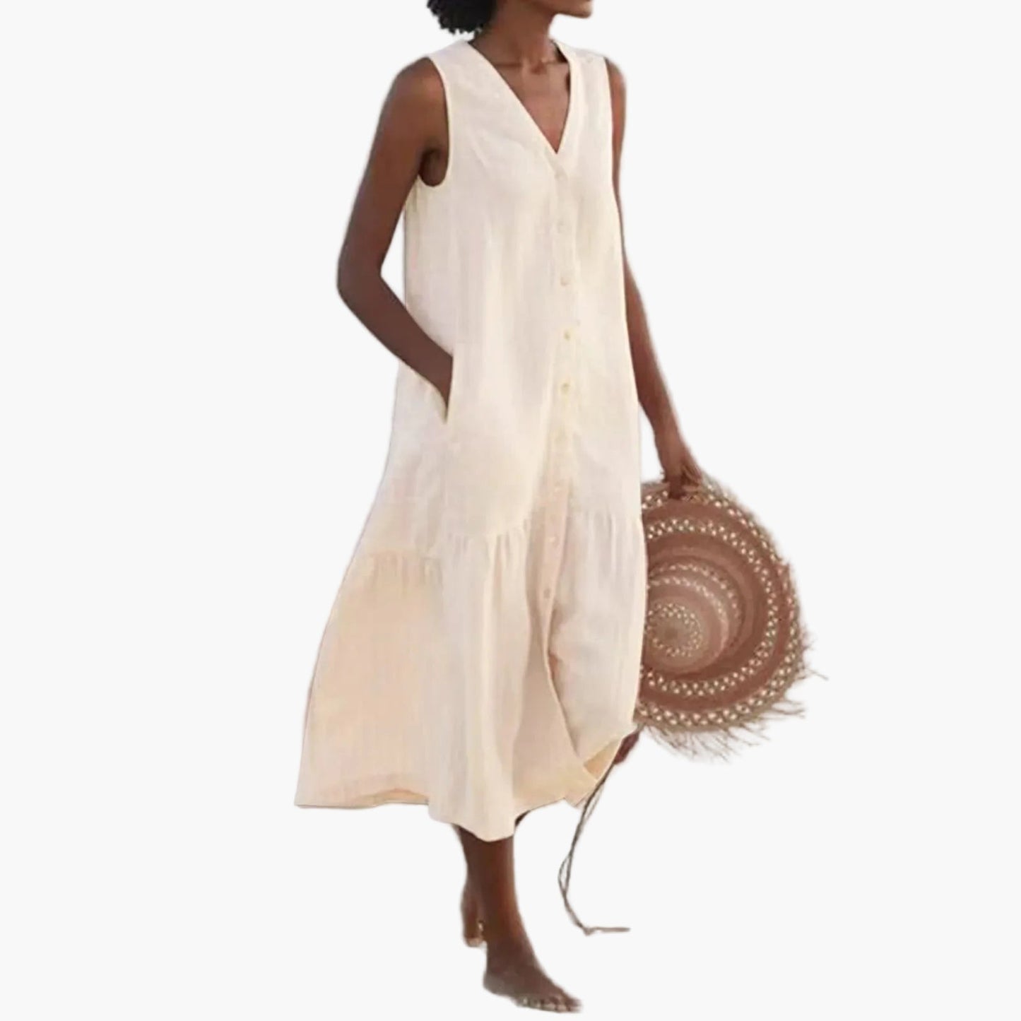Damen Sommer Midikleid ärmellos V-Ausschnitt Strandkleid Freizeitkleid