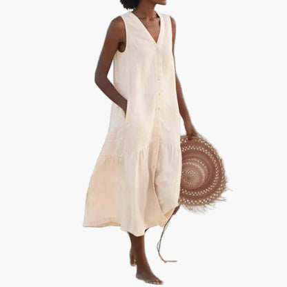 Damen Sommer Midikleid ärmellos V-Ausschnitt Strandkleid Freizeitkleid