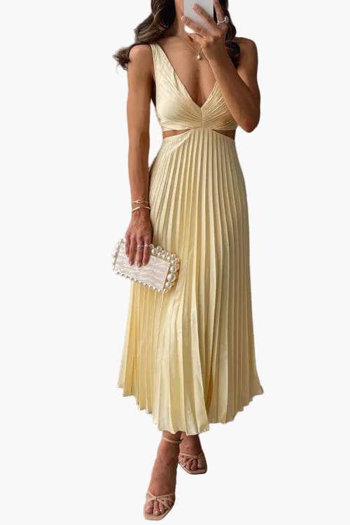 Damen Plissee-Midikleid Elegant – Festliches Abendkleid mit Faltenrock und Cut-Outs, Cocktail & Anlassmode