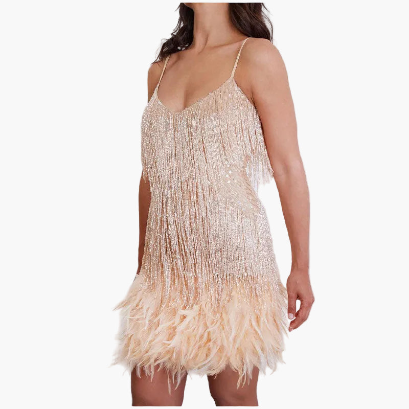 Damen Cocktailkleid mit Fransen und Federn – Elegantes Partykleid im 20er-Jahre-Stil für besondere Anlässe