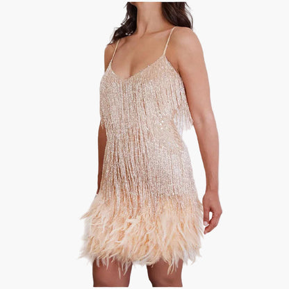 Damen Cocktailkleid mit Fransen und Federn – Elegantes Partykleid im 20er-Jahre-Stil für besondere Anlässe