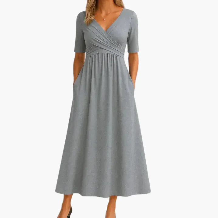 Damen Midikleid Elegant Festlich mit Halbarm – Feminines Crossover-Kleid für Hochzeit, Feier & Alltag