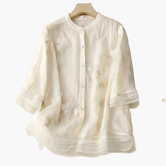 Damen Bluse mit floraler Stickerei und lockerem Schnitt – Elegante Freizeitmode