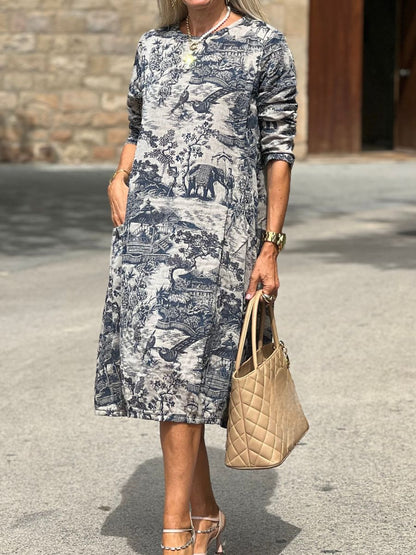 Damen Vintage Langarm Baumwollkleid mit Print – Lockeres Maxikleid für Herbst und Winter