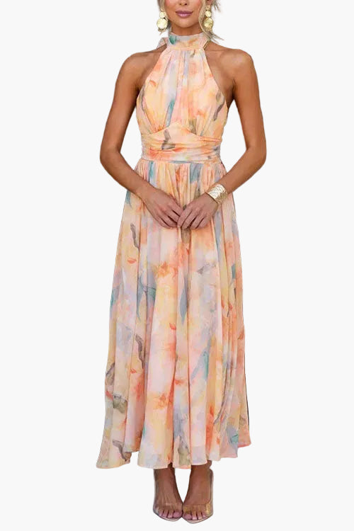 Damen Maxi Sommerkleid mit Wasserfarben-Print und Neckholder – Elegantes Kleid für besondere Anlässe
