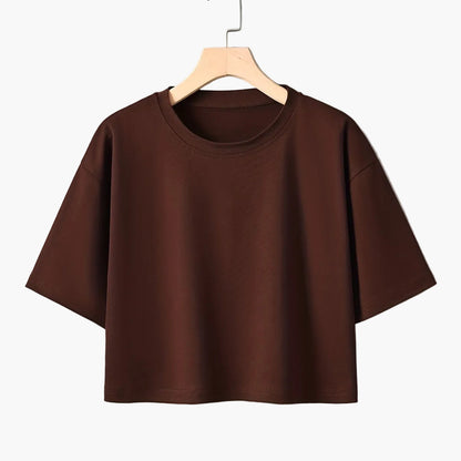 Damen Crop Top Basic Locker Freizeit T-Shirt Kurzarm Rundhals