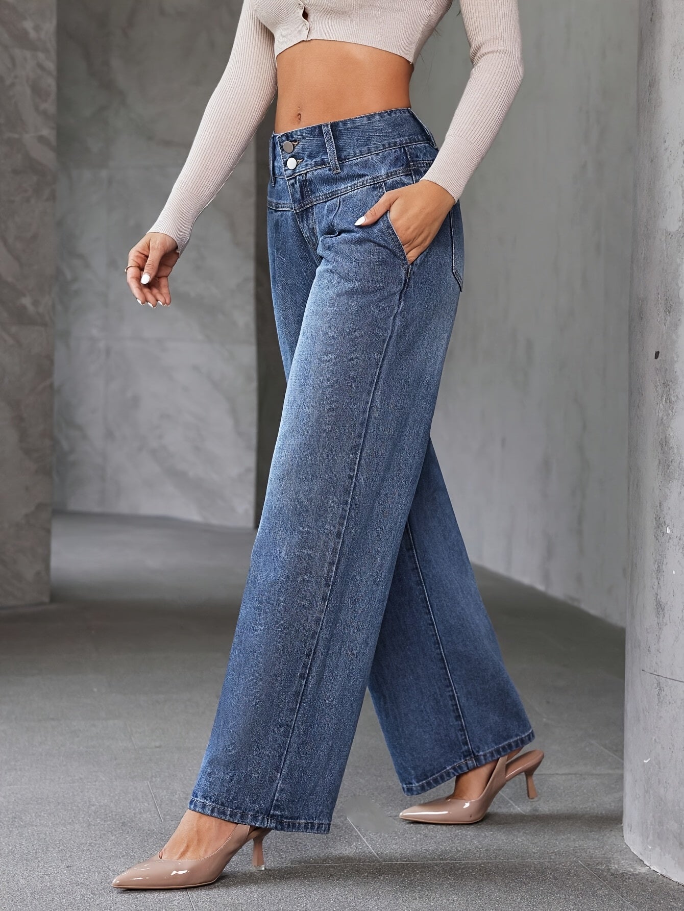 Damen High Waist Weite Schlagjeans – Modische Freizeit-Hose mit weitem Bein