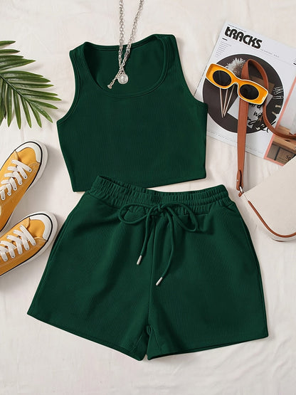 Damen Freizeit Zweiteiler Set – Geripptes Crop Top & Shorts, Sportlich & Modern für Alltag und Entspannung