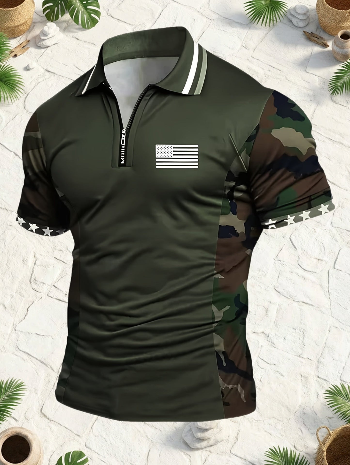Herren Polo Shirt mit Tarnmuster, Reißverschluss und Flaggen-Design – Sportlich und Lässig für Outdoor und Freizeit