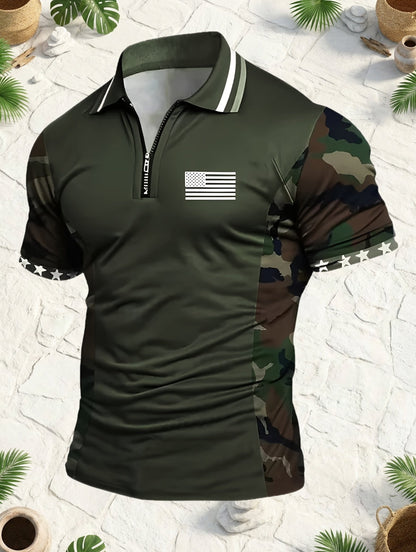 Herren Polo Shirt mit Tarnmuster, Reißverschluss und Flaggen-Design – Sportlich und Lässig für Outdoor und Freizeit