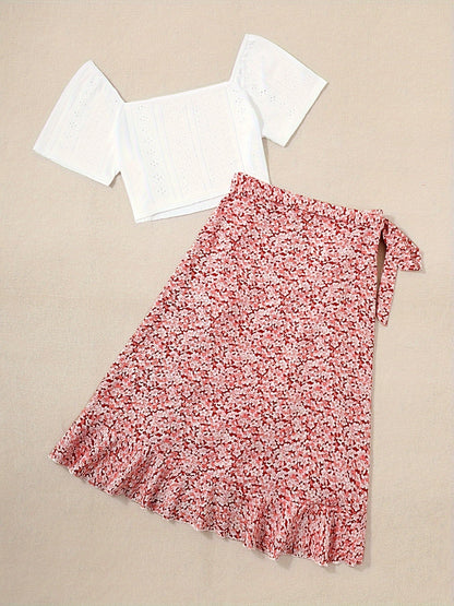 Damen Zweiteiler Set – Romantische Bluse mit Blumen Wickelrock im femininen Stil für Freizeit und Ausflüge