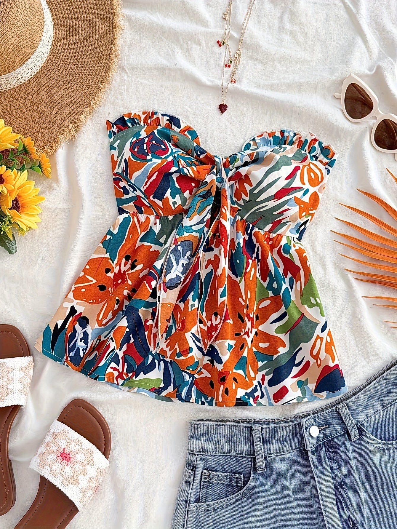 Damen Bandeau Crop Top mit Knoten und Blumenmuster – Modisches Bustier für Urlaub und Sommer-Outfits