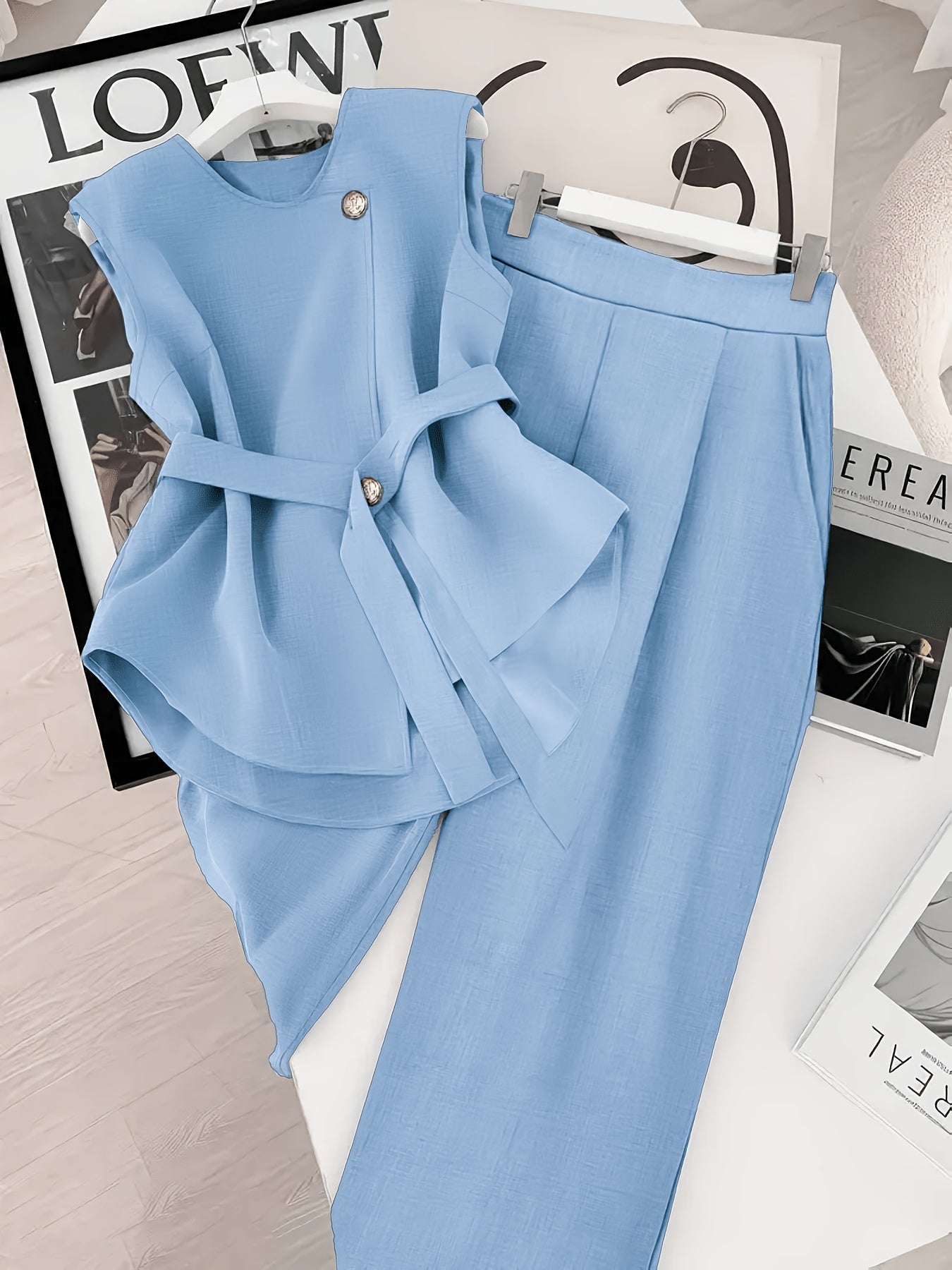 Damen Business Zweiteiler Set – Elegantes Top mit Gürtel und Weite Hose für Büro und Events