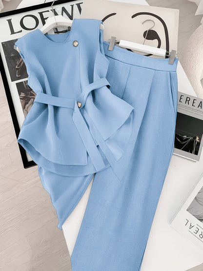 Damen Business Zweiteiler Set – Elegantes Top mit Gürtel und Weite Hose für Büro und Events