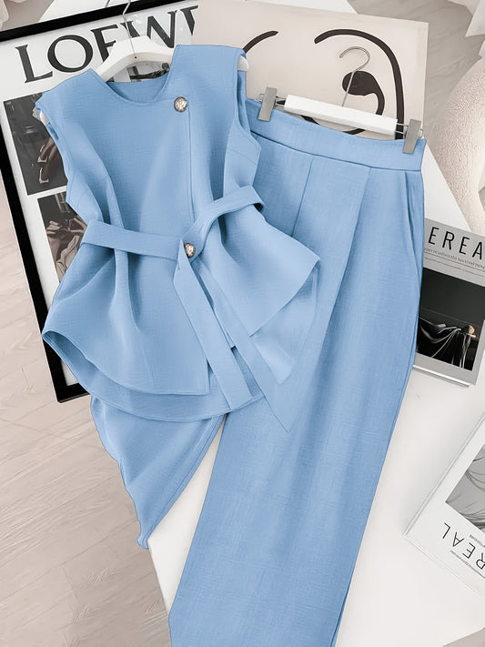 Damen Business Zweiteiler Set – Elegantes Top mit Gürtel und Weite Hose für Büro und Events