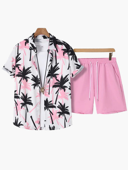 Herren Sommer Strandset – Kurzarm-Hemd mit Palmenmuster und Shorts, lässig für Urlaub & Freizeit